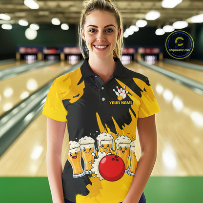 Funny Beer Bowling Shirts Yellow for Women Men Team Bowling Polo & 1/4 Zip Shirts MBL251