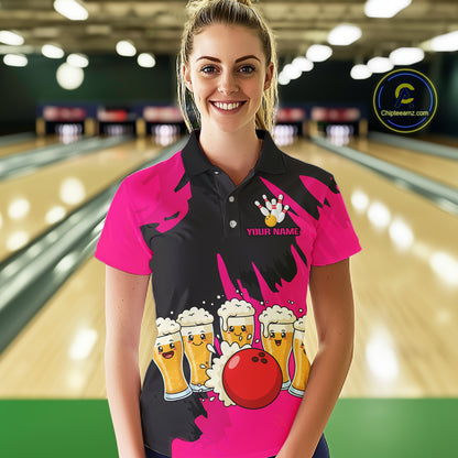 Funny Beer Bowling Shirts Pink for Women Men Team Bowling Polo & 1/4 Zip Shirts MBL251