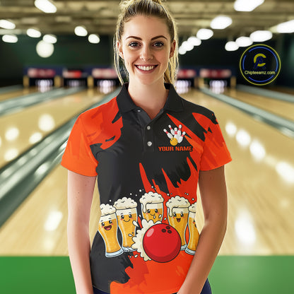 Funny Beer Bowling Shirts Orange for Women Men Team Bowling Polo & 1/4 Zip Shirts MBL251