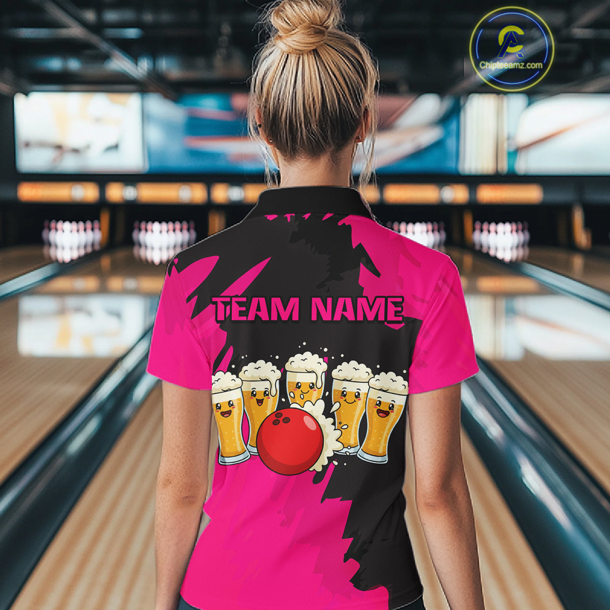 Funny Beer Bowling Shirts Pink for Women Men Team Bowling Polo & 1/4 Zip Shirts MBL251