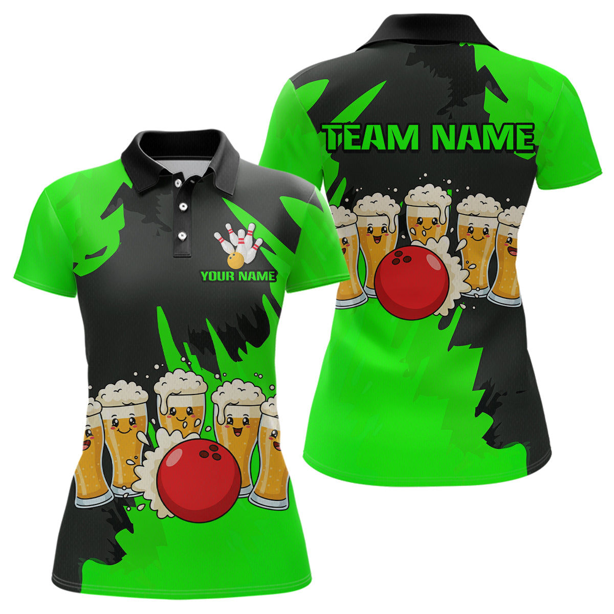 Funny Beer Bowling Shirts Green for Women Men Team Bowling Polo & 1/4 Zip Shirts MBL251
