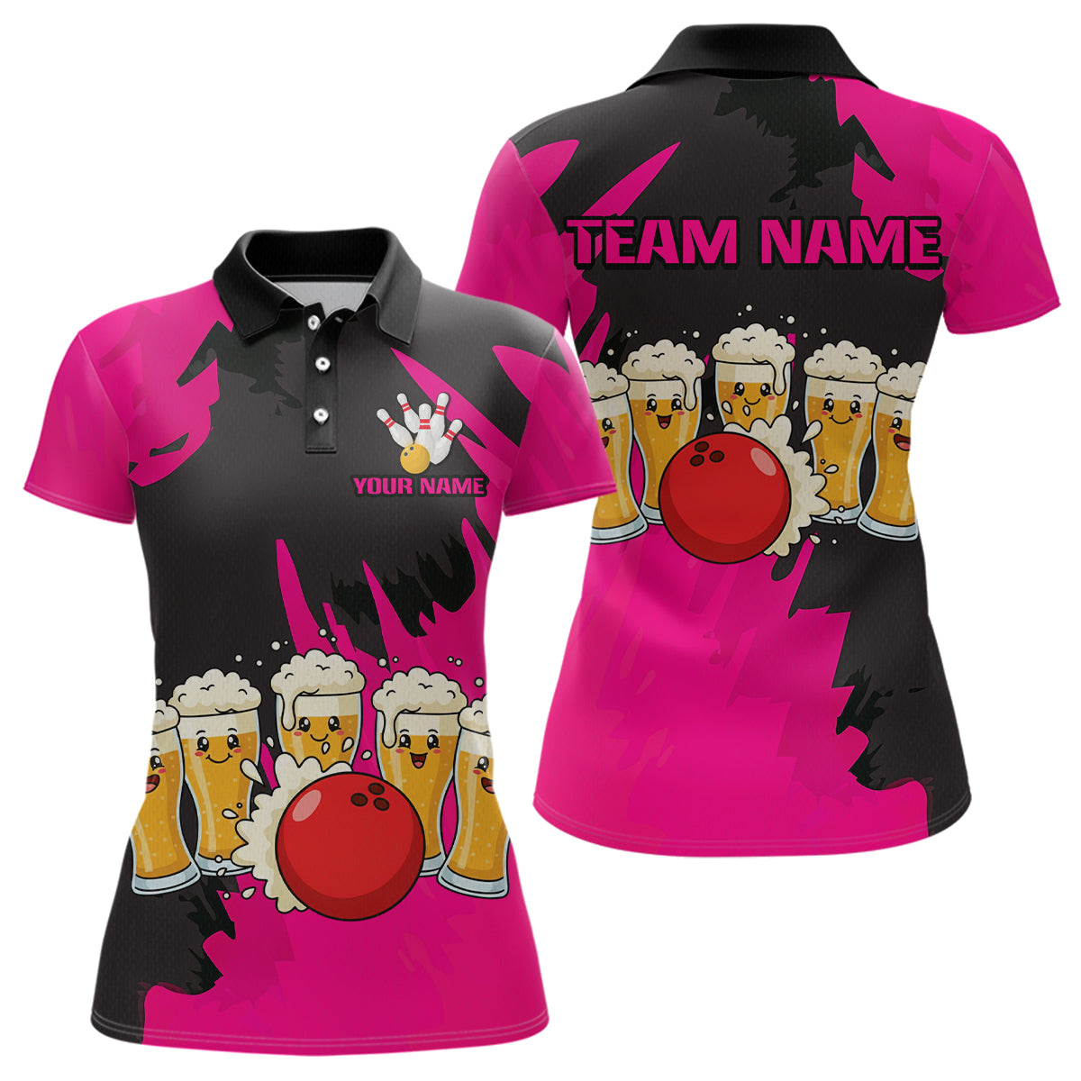 Funny Beer Bowling Shirts Pink for Women Men Team Bowling Polo & 1/4 Zip Shirts MBL251