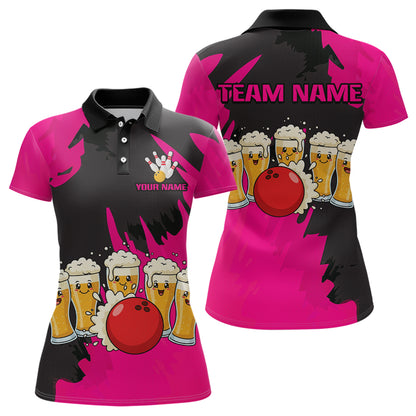 Funny Beer Bowling Shirts Pink for Women Men Team Bowling Polo & 1/4 Zip Shirts MBL251