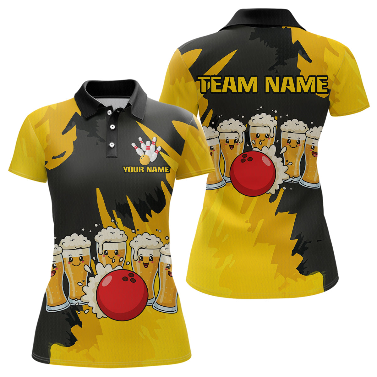 Funny Beer Bowling Shirts Yellow for Women Men Team Bowling Polo & 1/4 Zip Shirts MBL251