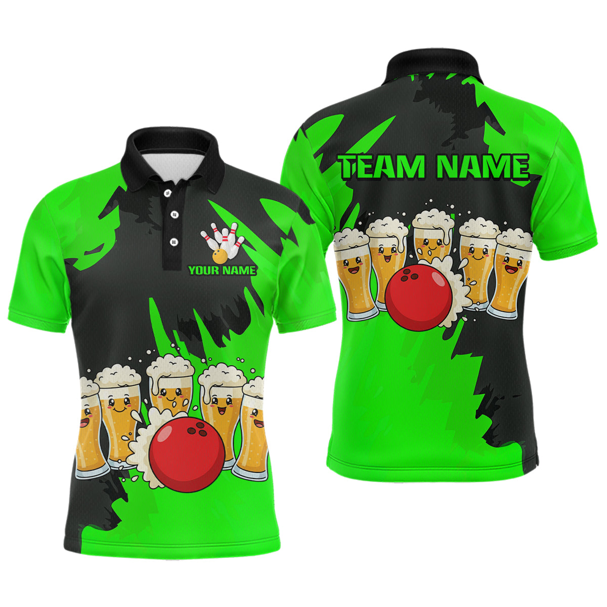 Funny Beer Bowling Shirts Green for Women Men Team Bowling Polo & 1/4 Zip Shirts MBL251