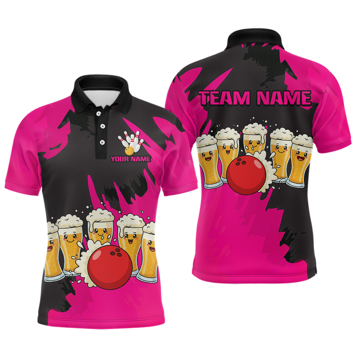 Funny Beer Bowling Shirts Pink for Women Men Team Bowling Polo & 1/4 Zip Shirts MBL251