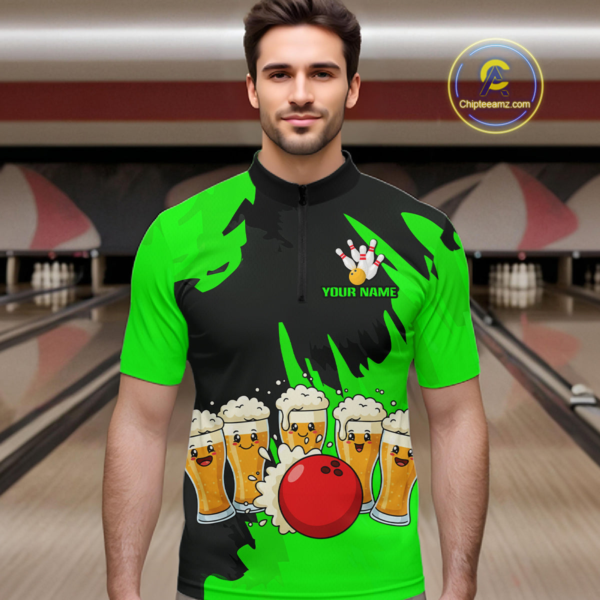 Funny Beer Bowling Shirts Green for Women Men Team Bowling Polo & 1/4 Zip Shirts MBL251