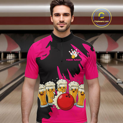 Funny Beer Bowling Shirts Pink for Women Men Team Bowling Polo & 1/4 Zip Shirts MBL251