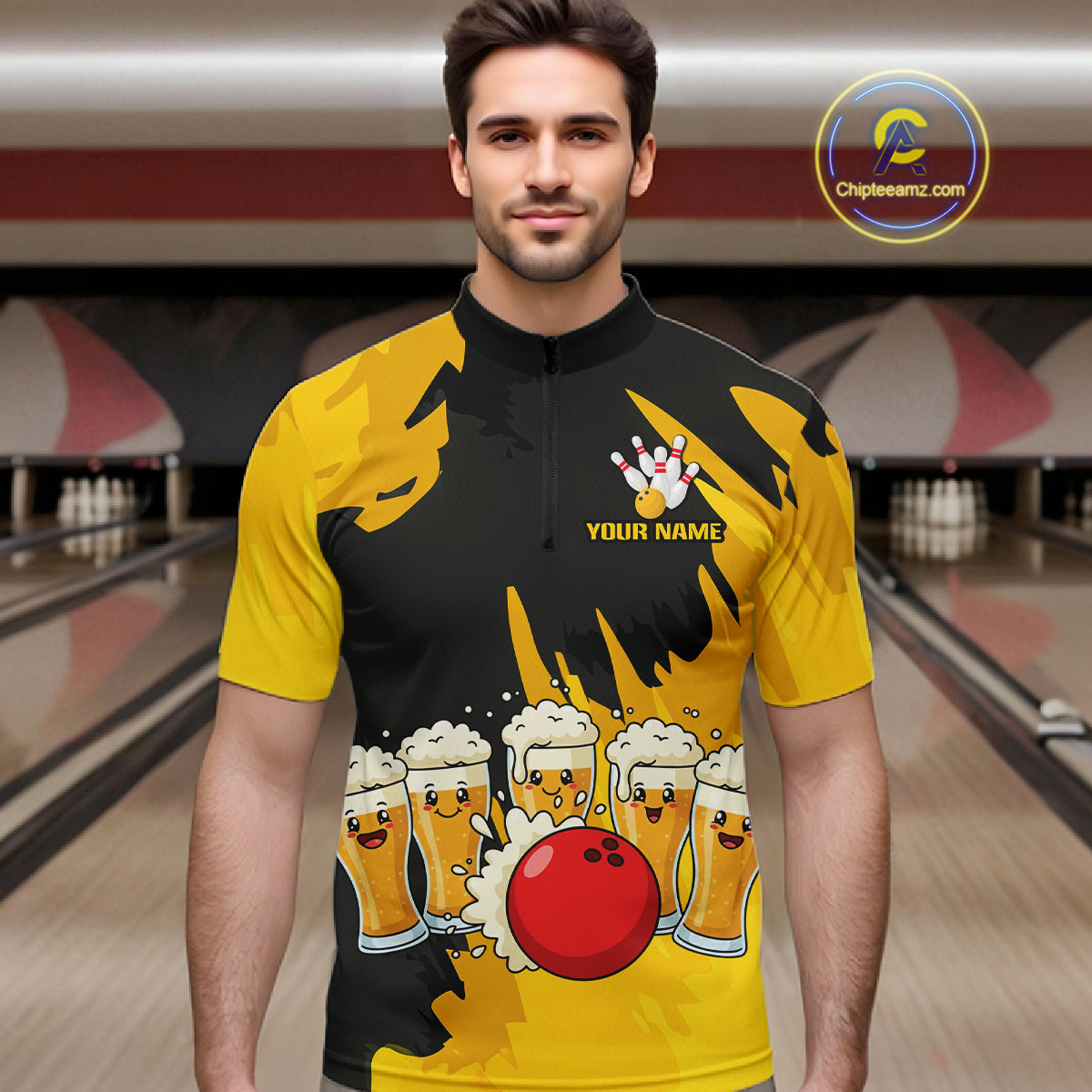Funny Beer Bowling Shirts Yellow for Women Men Team Bowling Polo & 1/4 Zip Shirts MBL251