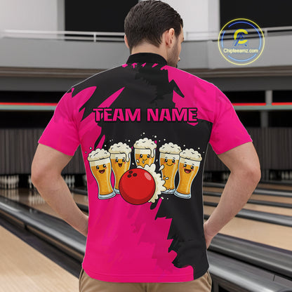 Funny Beer Bowling Shirts Pink for Women Men Team Bowling Polo & 1/4 Zip Shirts MBL251