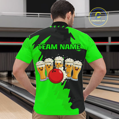 Funny Beer Bowling Shirts Green for Women Men Team Bowling Polo & 1/4 Zip Shirts MBL251