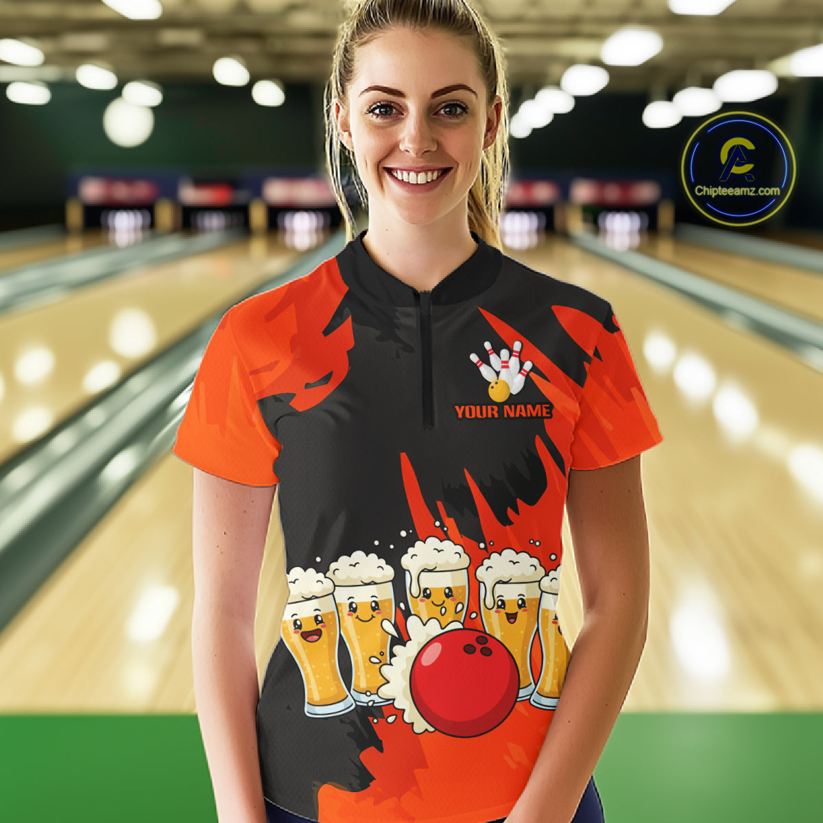 Funny Beer Bowling Shirts Orange for Women Men Team Bowling Polo & 1/4 Zip Shirts MBL251