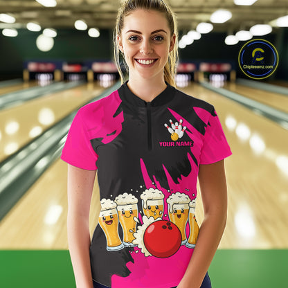 Funny Beer Bowling Shirts Pink for Women Men Team Bowling Polo & 1/4 Zip Shirts MBL251