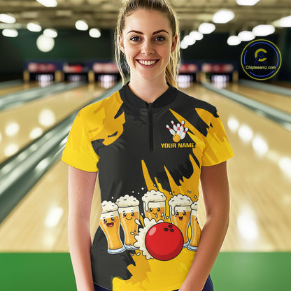 Funny Beer Bowling Shirts Yellow for Women Men Team Bowling Polo & 1/4 Zip Shirts MBL251
