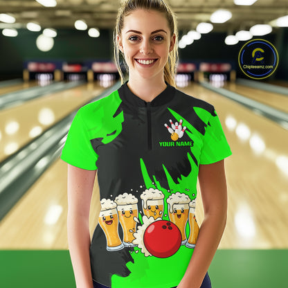 Funny Beer Bowling Shirts Green for Women Men Team Bowling Polo & 1/4 Zip Shirts MBL251