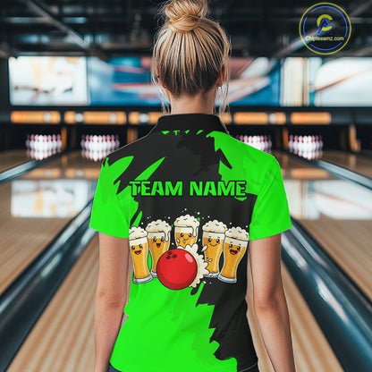 Funny Beer Bowling Shirts Green for Women Men Team Bowling Polo & 1/4 Zip Shirts MBL251