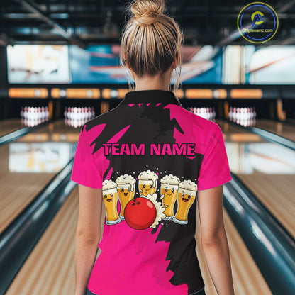 Funny Beer Bowling Shirts Pink for Women Men Team Bowling Polo & 1/4 Zip Shirts MBL251