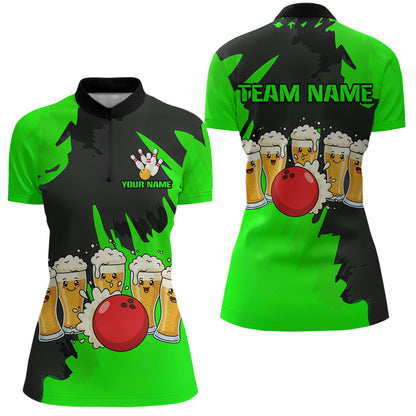 Funny Beer Bowling Shirts Green for Women Men Team Bowling Polo & 1/4 Zip Shirts MBL251