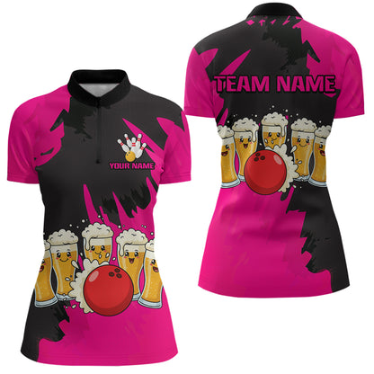 Funny Beer Bowling Shirts Pink for Women Men Team Bowling Polo & 1/4 Zip Shirts MBL251