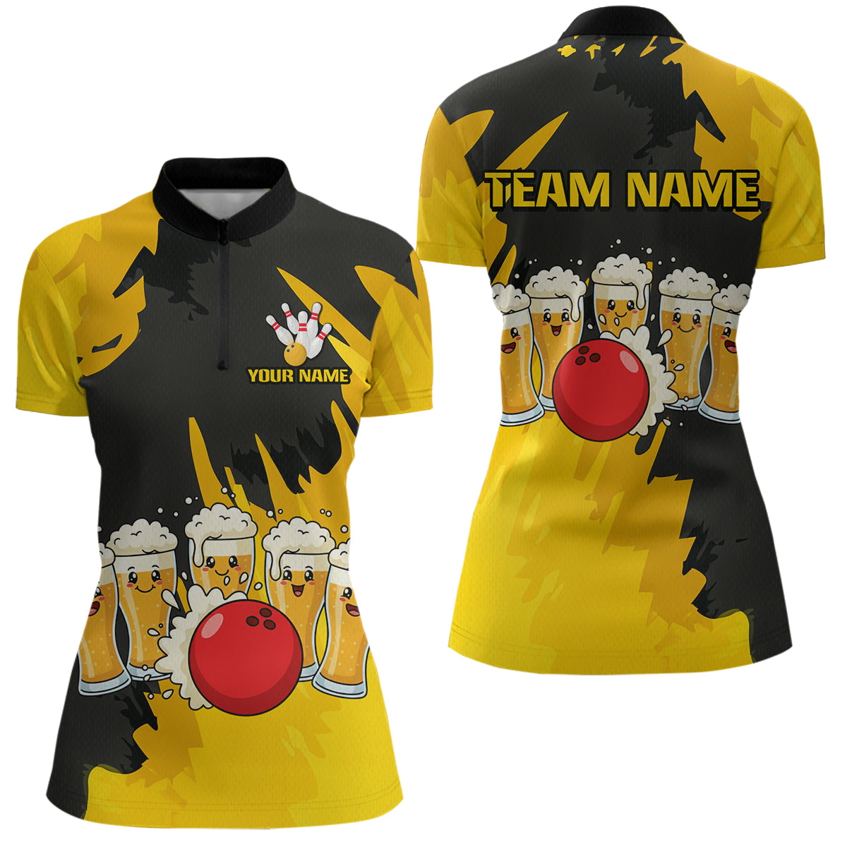 Funny Beer Bowling Shirts Yellow for Women Men Team Bowling Polo & 1/4 Zip Shirts MBL251