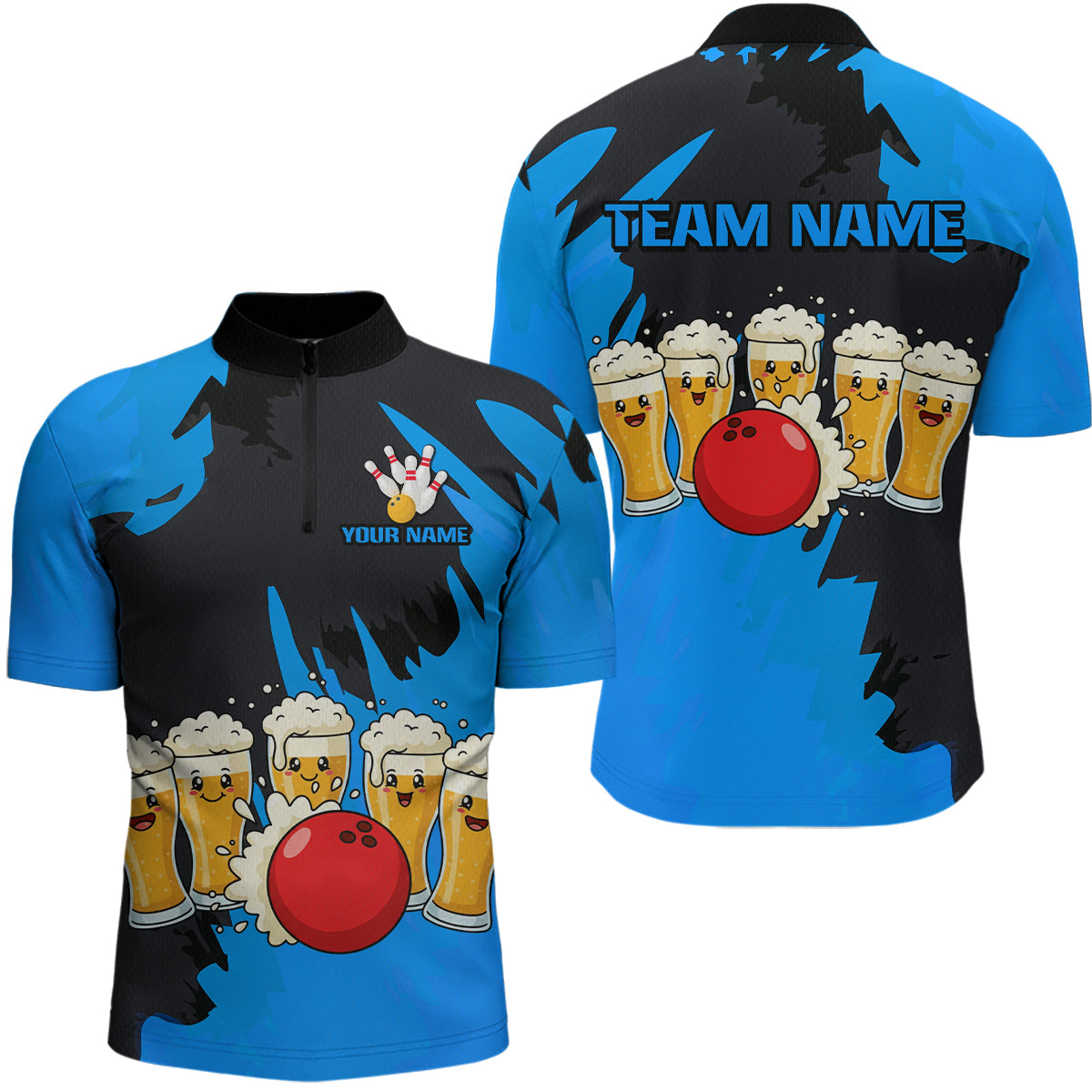 Funny Beer Bowling Shirts Blue for Women Men Team Bowling Polo & 1/4 Zip Shirts MBL251