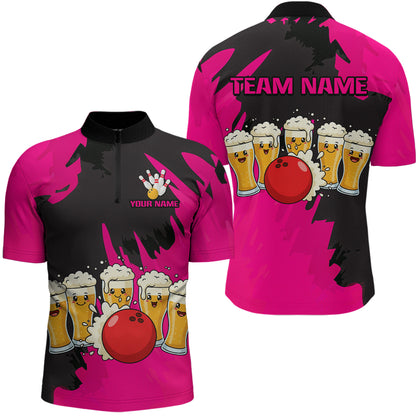 Funny Beer Bowling Shirts Pink for Women Men Team Bowling Polo & 1/4 Zip Shirts MBL251