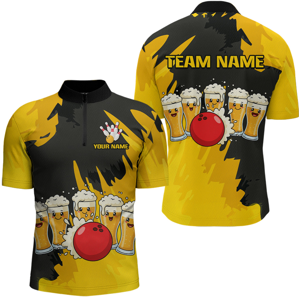 Funny Beer Bowling Shirts Yellow for Women Men Team Bowling Polo & 1/4 Zip Shirts MBL251