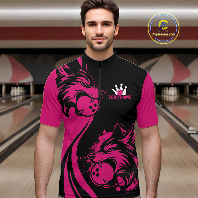 Pink Wolf Bowling Shirts for Team Men Women Custom Wolf Bowling Jerseys for Couples MBL197