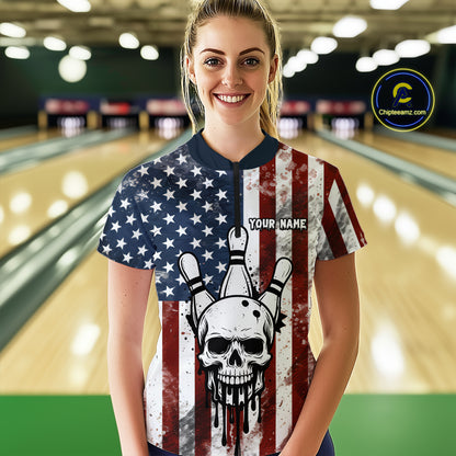 Patriotic Bowling Shirts for Team Women Men Custom Skull Bowling Jerseys for Couple MBL201