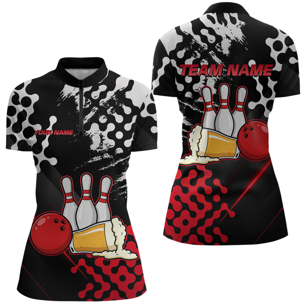 Red Beer Bowling Shirts for Team Women Men Beer Bowling Polo&1/4 Zip Bowl League MBL255