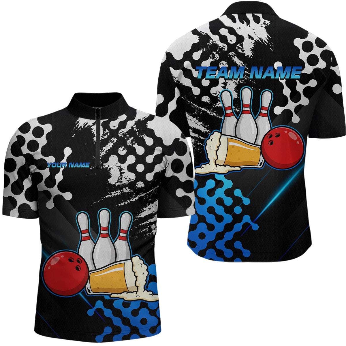 Blue Beer Bowling Shirts for Team Women Men Beer Bowling Polo&1/4 Zip Bowl League MBL255