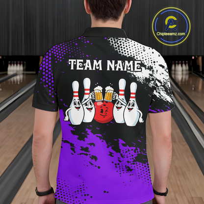 Purple Funny Beer Bowling Shirts for Team Women Men Bowling Polo&1/4 Zip Bowl League MBL254