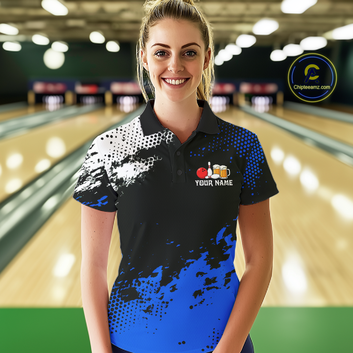 Blue Funny Beer Bowling Shirts for Team Women Men Bowling Polo&1/4 Zip Bowl League MBL254