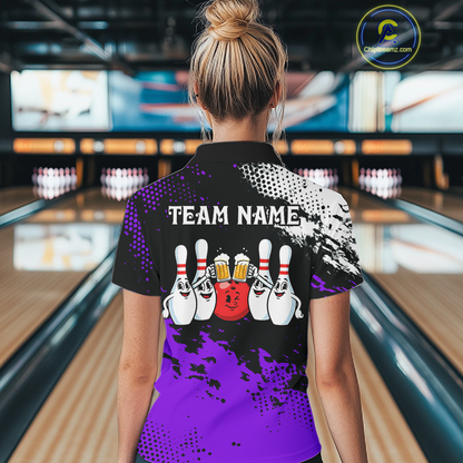 Purple Funny Beer Bowling Shirts for Team Women Men Bowling Polo&1/4 Zip Bowl League MBL254