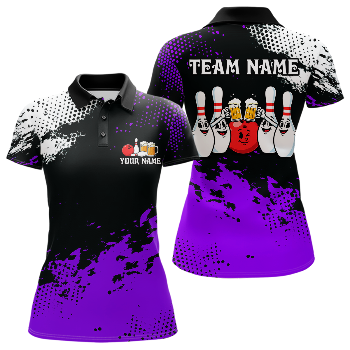 Purple Funny Beer Bowling Shirts for Team Women Men Bowling Polo&1/4 Zip Bowl League MBL254