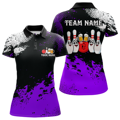Purple Funny Beer Bowling Shirts for Team Women Men Bowling Polo&1/4 Zip Bowl League MBL254