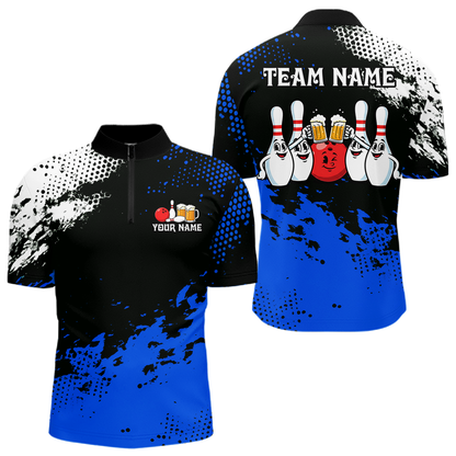 Blue Funny Beer Bowling Shirts for Team Women Men Bowling Polo&1/4 Zip Bowl League MBL254