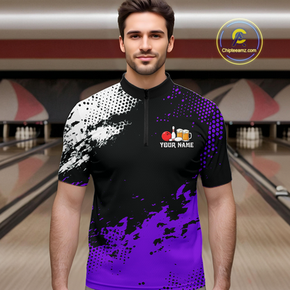 Purple Funny Beer Bowling Shirts for Team Women Men Bowling Polo&1/4 Zip Bowl League MBL254