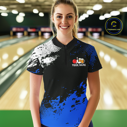 Blue Funny Beer Bowling Shirts for Team Women Men Bowling Polo&1/4 Zip Bowl League MBL254