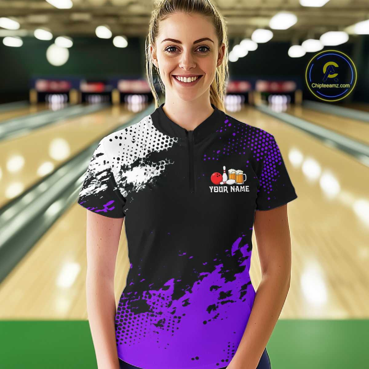 Purple Funny Beer Bowling Shirts for Team Women Men Bowling Polo&1/4 Zip Bowl League MBL254