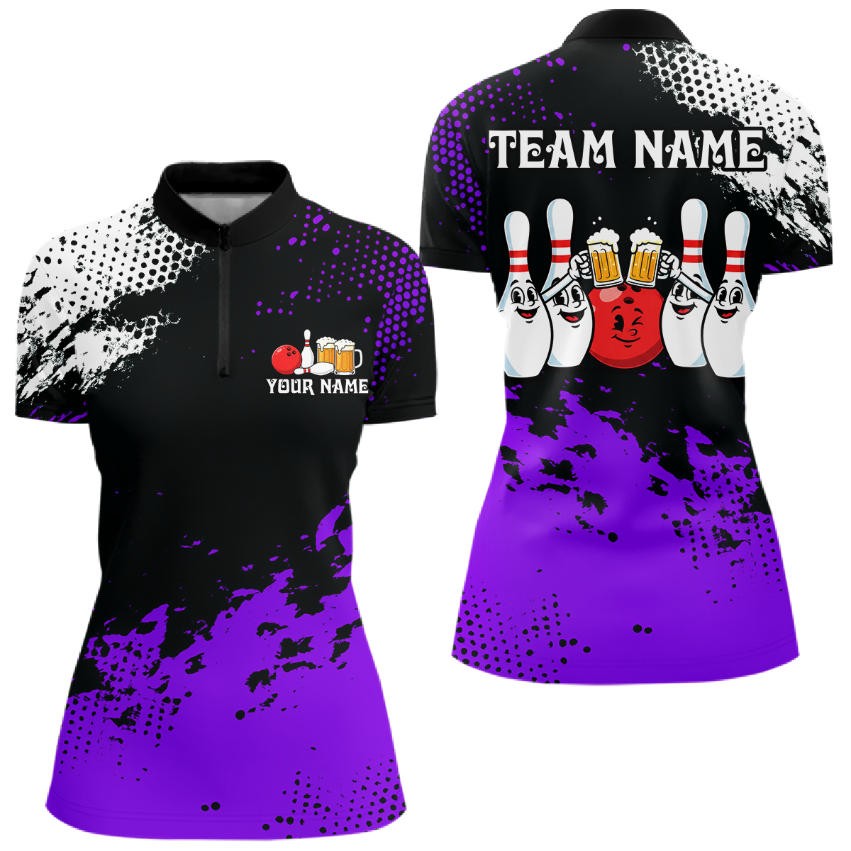 Purple Funny Beer Bowling Shirts for Team Women Men Bowling Polo&1/4 Zip Bowl League MBL254