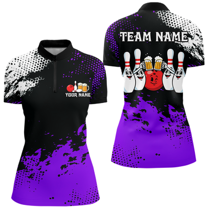 Purple Funny Beer Bowling Shirts for Team Women Men Bowling Polo&1/4 Zip Bowl League MBL254