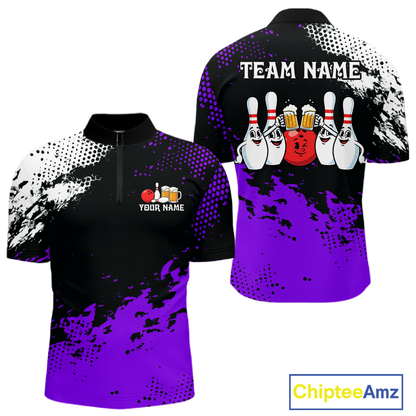 Purple Funny Beer Bowling Shirts for Team Women Men Bowling Polo&1/4 Zip Bowl League MBL254
