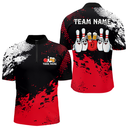 Red Funny Beer Bowling Shirts for Team Women Men Bowling Polo&1/4 Zip Bowl League MBL254
