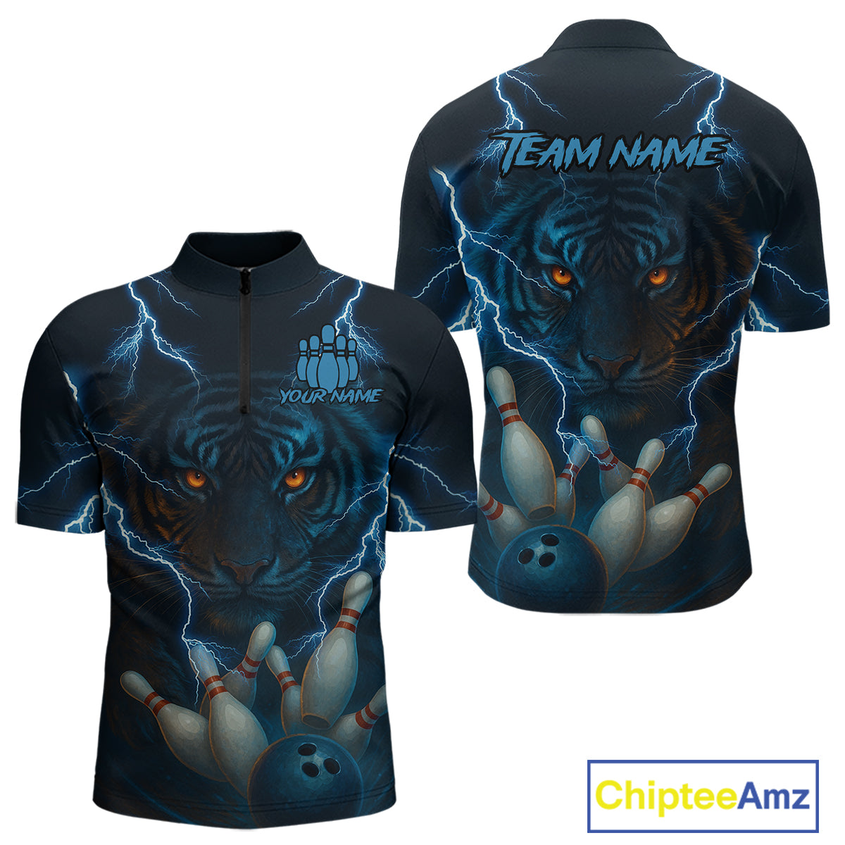 Tiger Bowling Shirts for Team Women Men Custom Blue Lightning Bowling Polo&1/4 Zip Shirt MBL182
