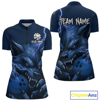 Wolf Bowling Shirts for Team Women Men Custom Blue Wolf Bowling Polo and 1/4 Zip MBL191