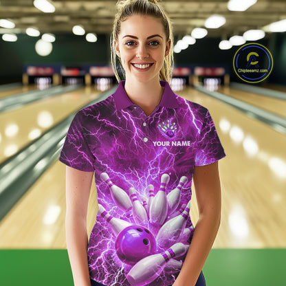 Purple Lightning Bowling Shirts for Team Women Men Custom Bowling Polo & 1/4 Zip Shirt MBL241