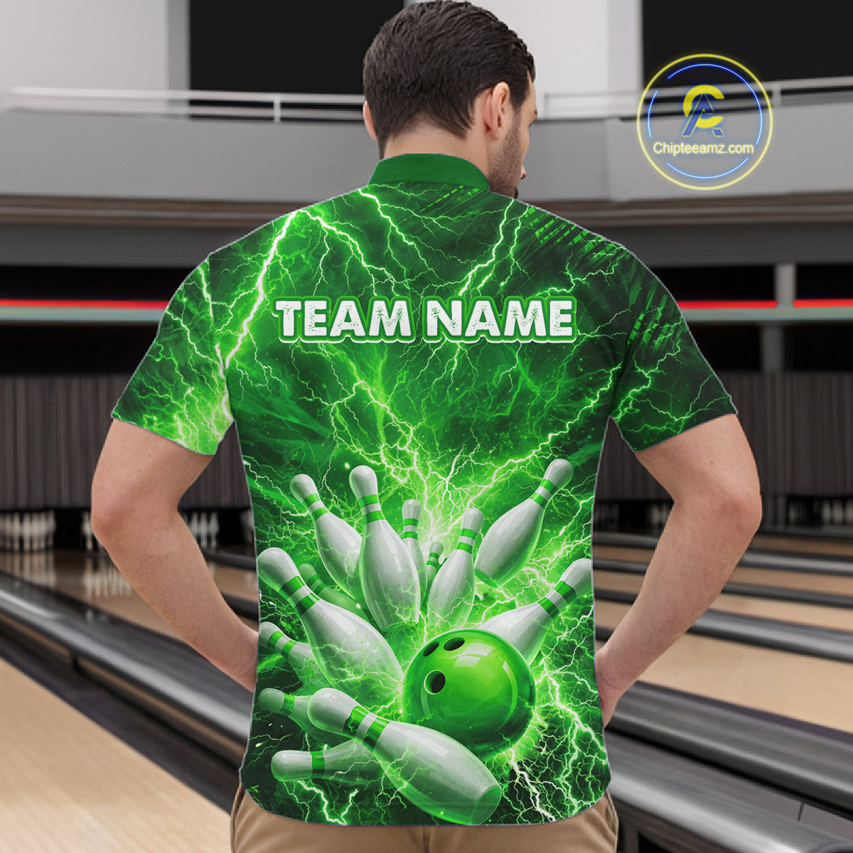 Green Lightning Bowling Shirts for Team Women Men Custom Bowling Polo & 1/4 Zip Shirt MBL241