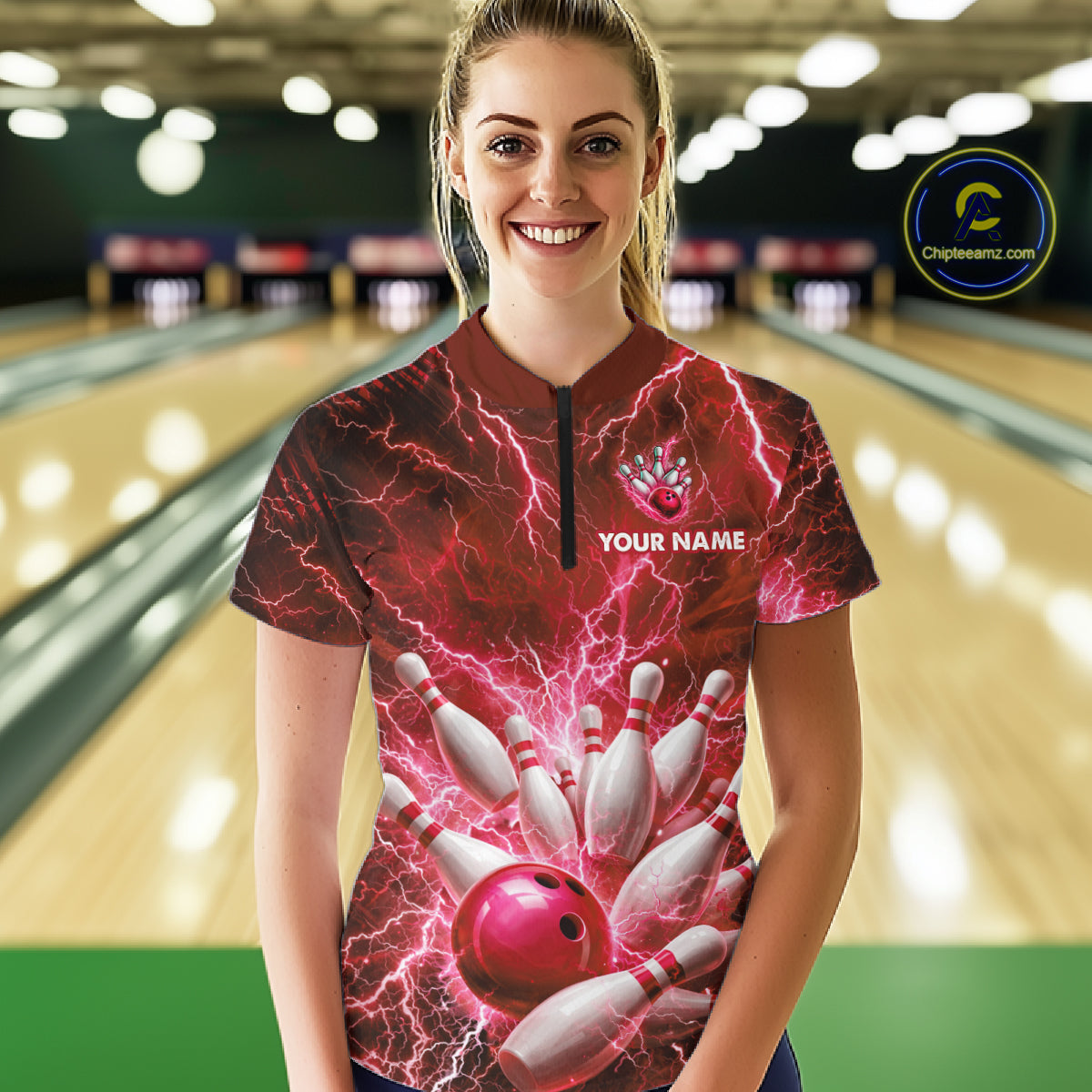 Red Lightning Bowling Shirts for Team Women Men Custom Bowling Polo & 1/4 Zip Shirt MBL241