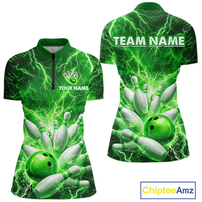 Green Lightning Bowling Shirts for Team Women Men Custom Bowling Polo & 1/4 Zip Shirt MBL241